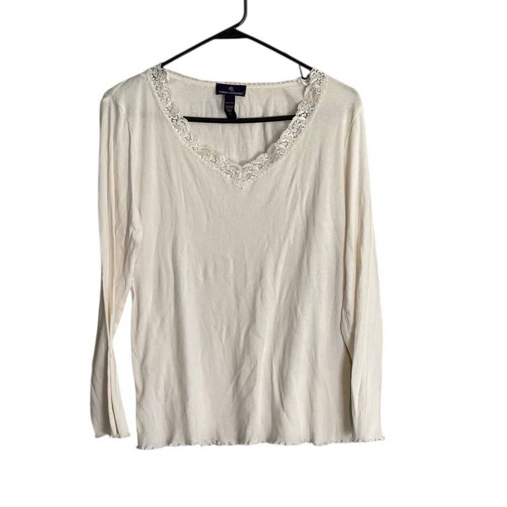 Y2K Ralph Lauren Essentials Top V-Neck Lace Trim Ribbed Fitted Long Sleeve Large